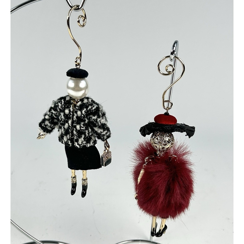 Fashion Lady Christmas Ornaments Set of 2 Faux Fur Pearl Bead Glam 6"